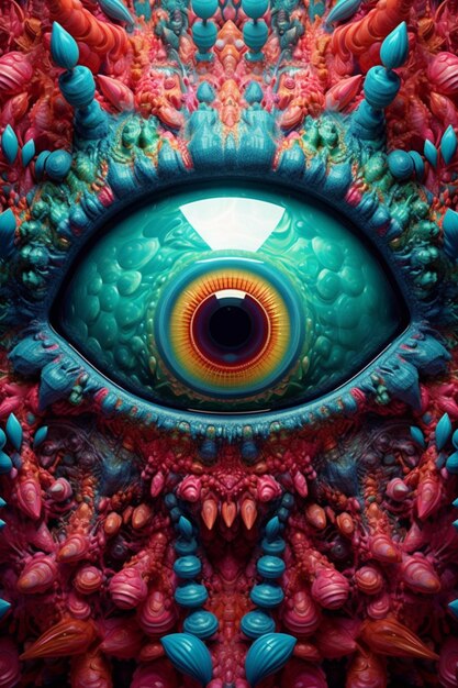 A close up of a colorful eye with a lot of flowers generative ai