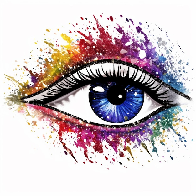 많은 페인트 스플래터가 있는 다채로운 눈의 클로즈업