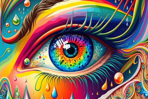 A close up of a colorful eye with a rainbow tear generative ai