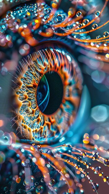 a close up of a colorful eye with water droplets on it generative ai