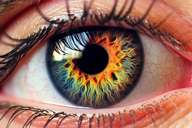 A close up of a colorful eye with the word love on it