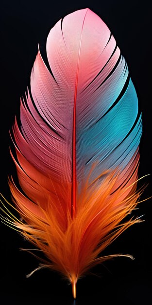 A close up of a colorful feather on a black background