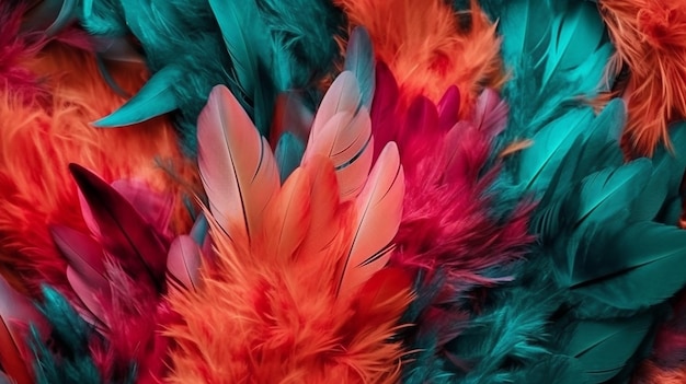 A close up of a colorful feathered fabric