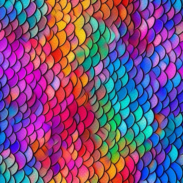 A close up of a colorful fish scale pattern with a black background generative ai