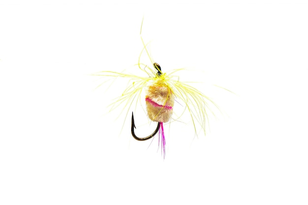 Close-up of a colorful fishing fly on white.