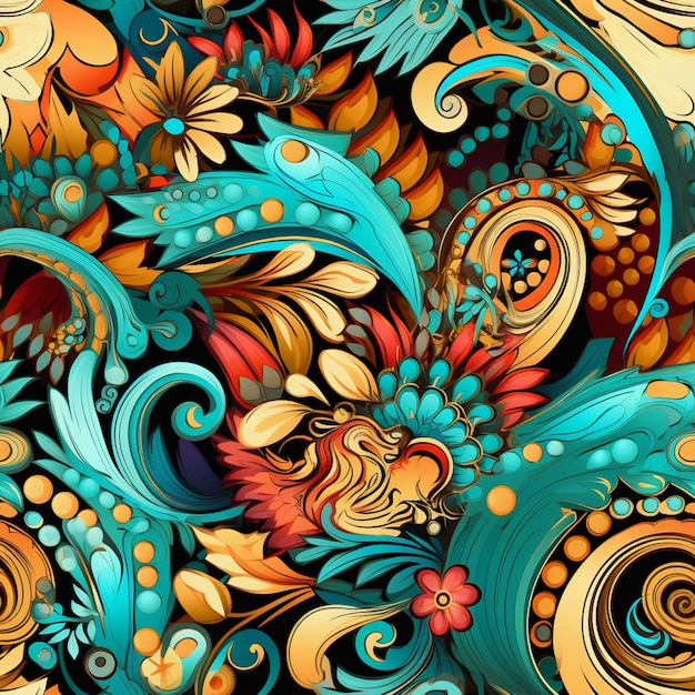 a close up of a colorful floral design on a black background generative ai