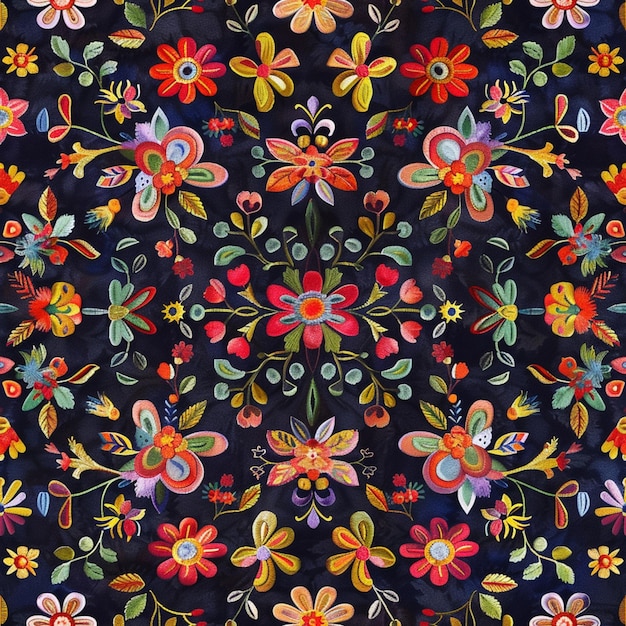 Foto un primo piano di un colorato disegno floreale su uno sfondo nero