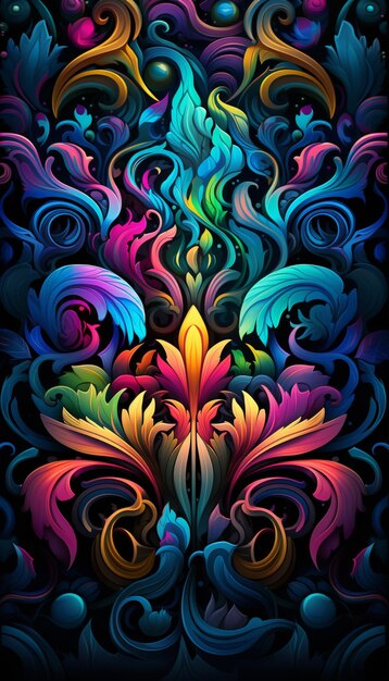a close up of a colorful floral design on a black background generative ai