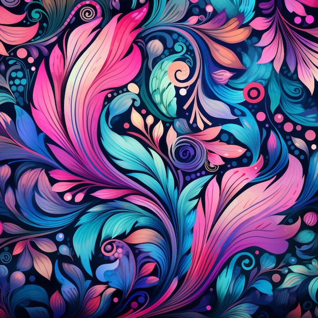 a close up of a colorful floral design on a black background generative ai