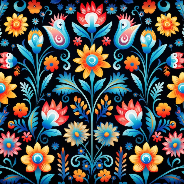 a close up of a colorful floral design on a black background generative ai