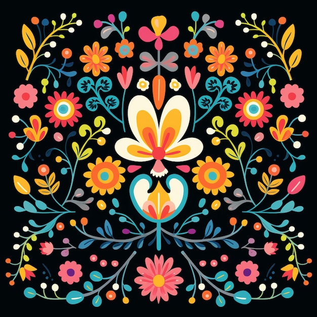 a close up of a colorful floral design on a black background generative ai