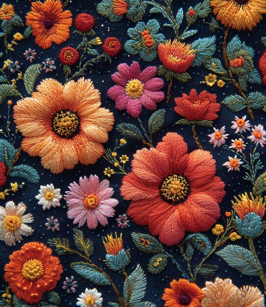 a close up of a colorful floral design on a dark blue background generative ai