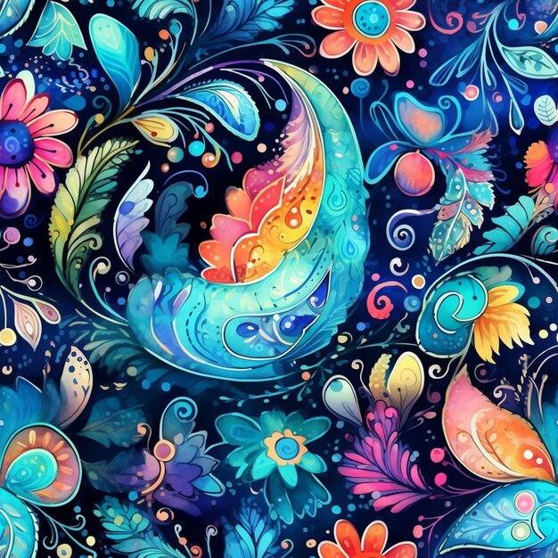 a close up of a colorful floral pattern on a black background generative ai