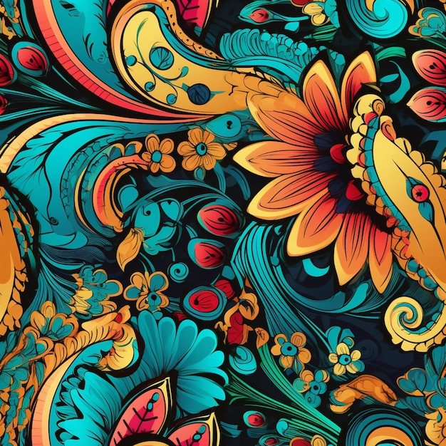 a close up of a colorful floral pattern on a black background generative ai