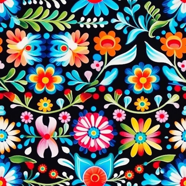 A close up of a colorful floral pattern on a black background generative ai