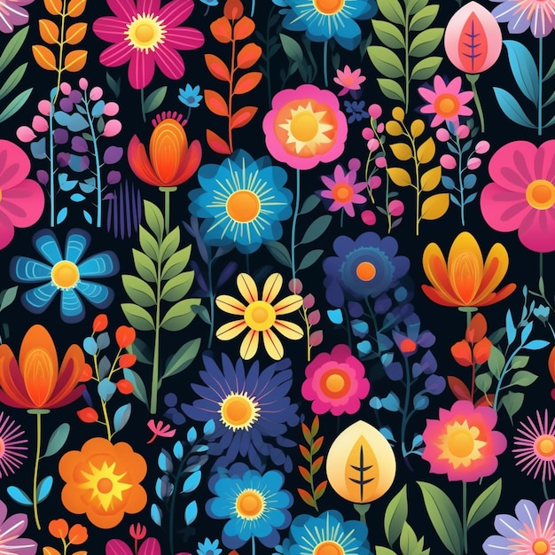 A close up of a colorful floral pattern on a black background generative ai