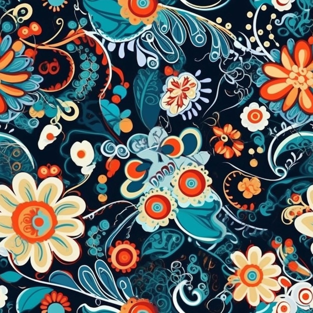 A close up of a colorful floral pattern on a black background generative ai