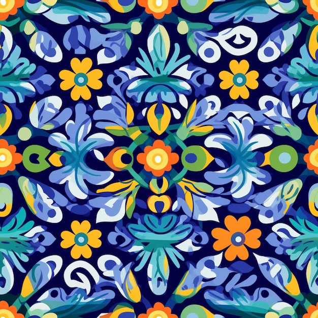 a close up of a colorful floral pattern on a blue background generative ai