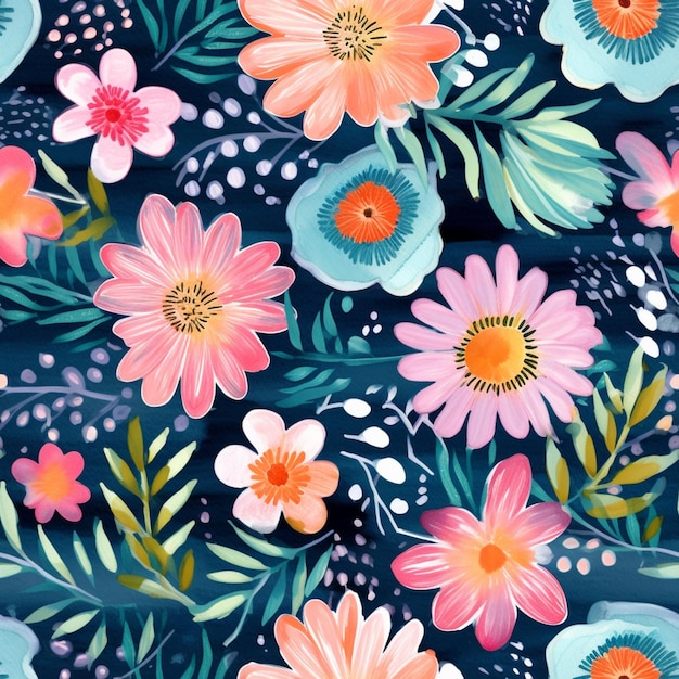 A close up of a colorful floral pattern on a blue background generative ai