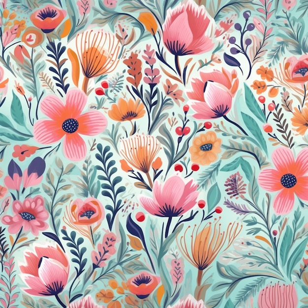 A close up of a colorful floral pattern on a blue background generative ai