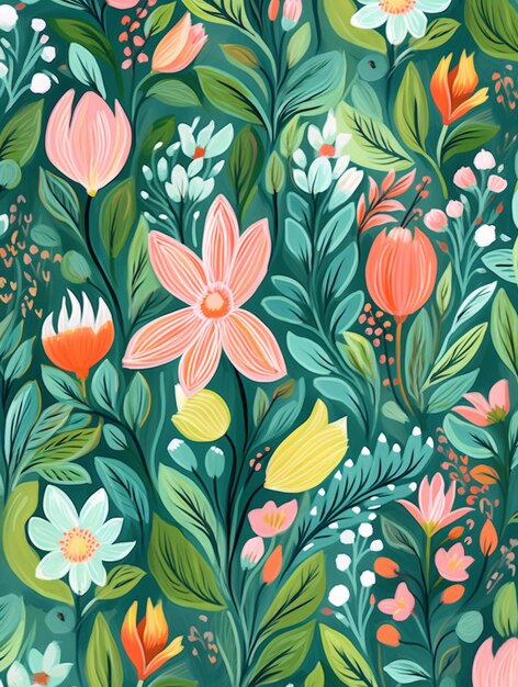 A close up of a colorful floral pattern on a green background generative ai