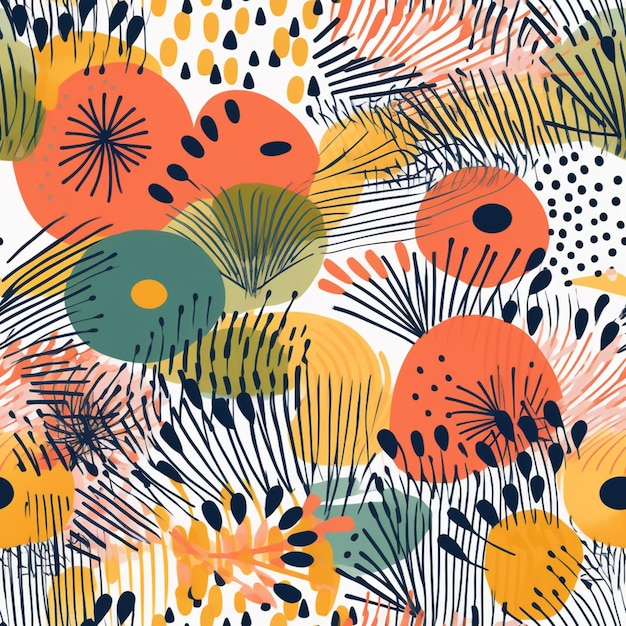 a close up of a colorful floral pattern with black and orange flowers generative ai