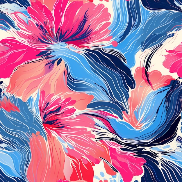 A close up of a colorful floral pattern with blue and pink flowers generative ai