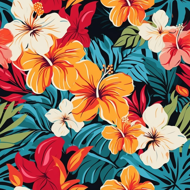 A close up of a colorful floral pattern with leaves and flowers generative ai