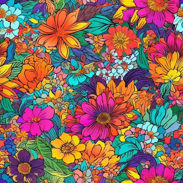 Foto un primo piano di un colorato modello floreale con un sacco di fiori generativo ai