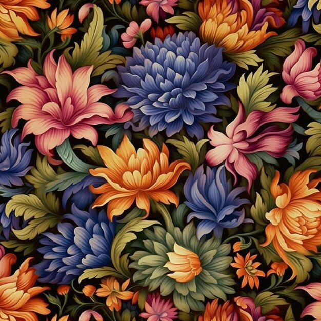 많은 꽃이 있는 다채로운 꽃 패턴의 클로즈업