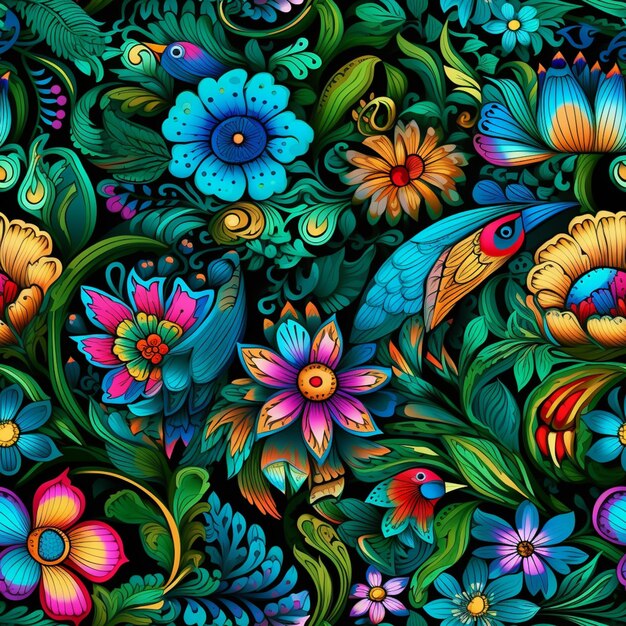 A close up of a colorful floral pattern with many flowers generative ai