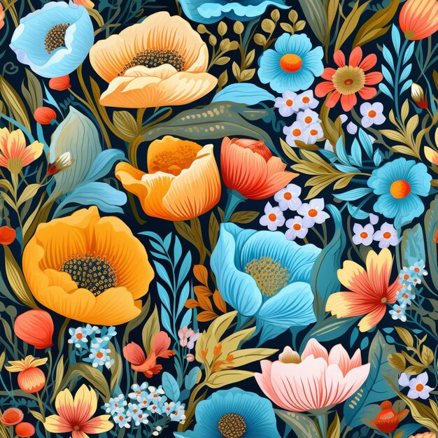 A close up of a colorful floral pattern with many flowers generative ai