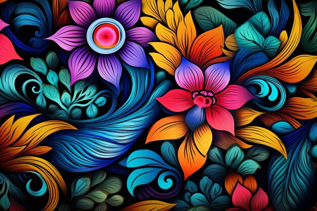 Foto un primo piano di un colorato disegno floreale con molti fiori