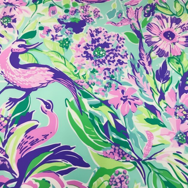 A close up of a colorful floral print fabric with birds generative ai