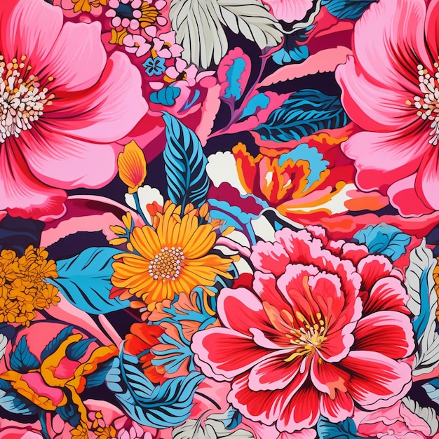 A close up of a colorful floral print fabric with many flowers generative ai