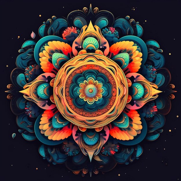 a close up of a colorful flower on a black background generative ai