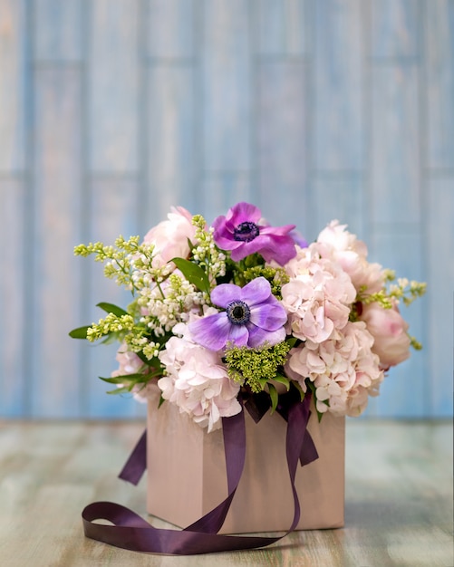 Close up on colorful flower bouquet in box