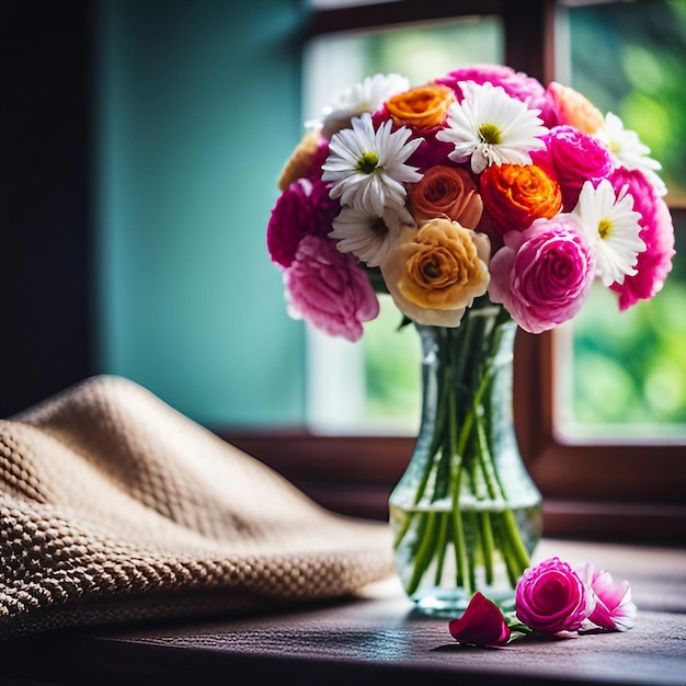 Close up colorful flower bouquet on retro vintage wood table created with generative AI technology