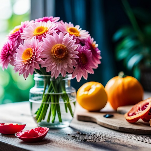 Photo close up colorful flower bouquet on retro vintage wood table created with generative ai technology