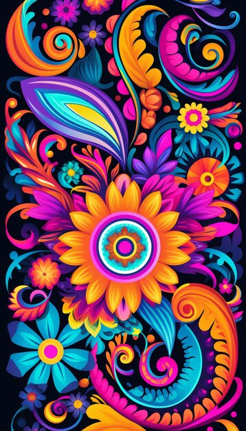 A close up of a colorful flower design on a black background generative ai