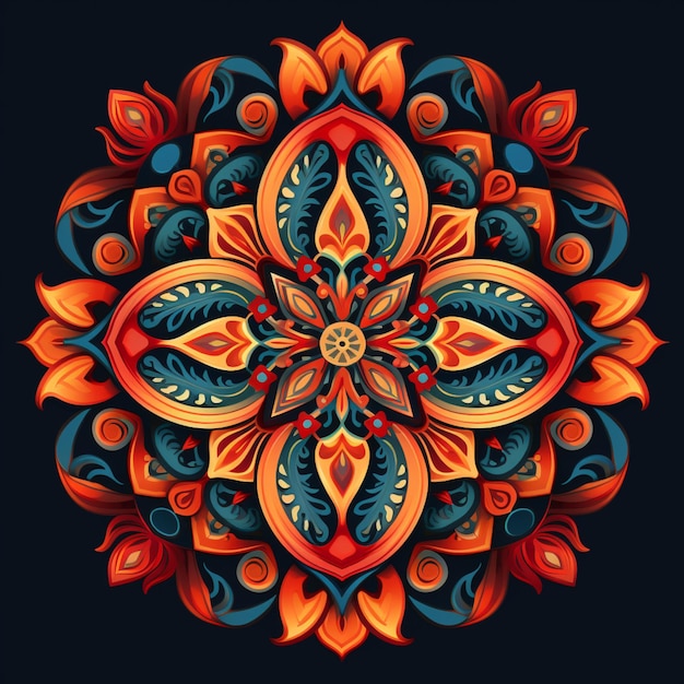 A close up of a colorful flower design on a black background generative ai