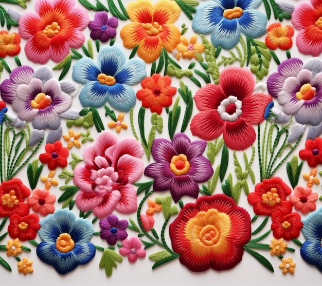 A close up of a colorful flower embroidered on a white surface generative ai