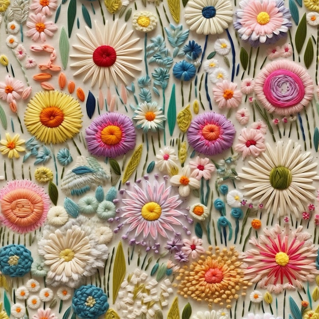 a close up of a colorful flower embroidered on a white surface generative ai