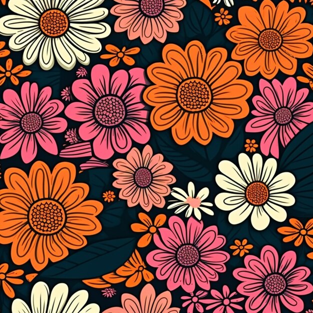 a close up of a colorful flower pattern on a black background generative ai