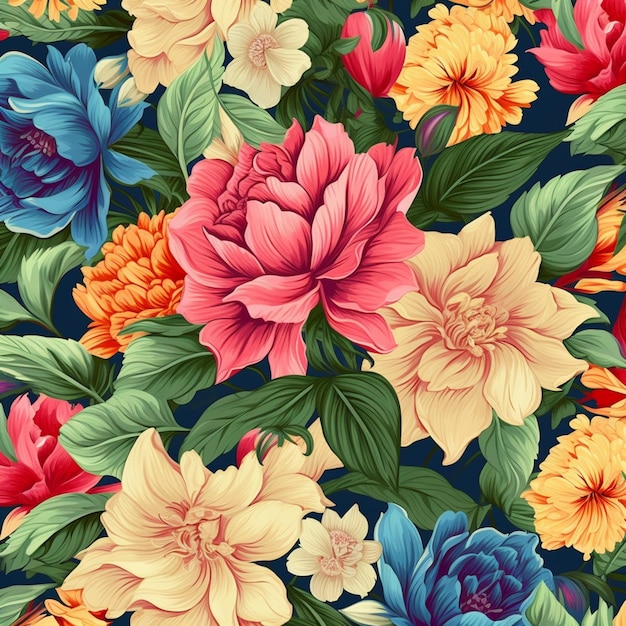 Крупный план красочного цветочного узора с множеством цветов, генеративным искусственным интеллектом