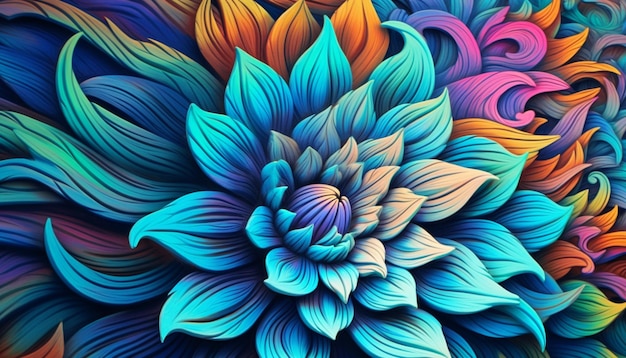 A close up of a colorful flower with many leaves generative ai