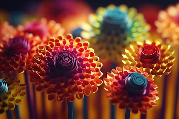 A close up of colorful flowers with the word flower on it