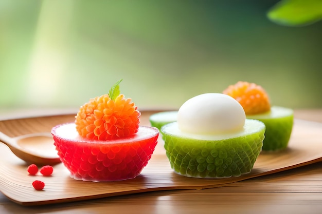 A close up of a colorful fruit bowl with a single egg on the top