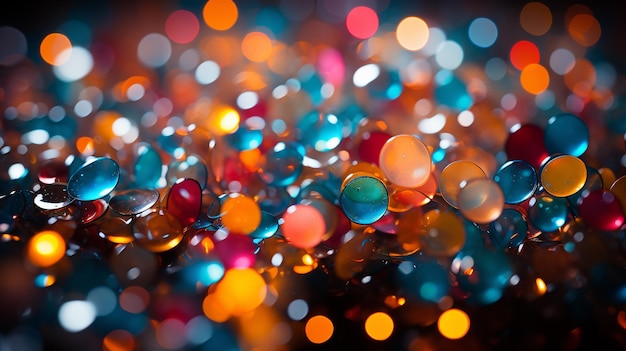 A close up of a colorful glass ball with lights behind it.