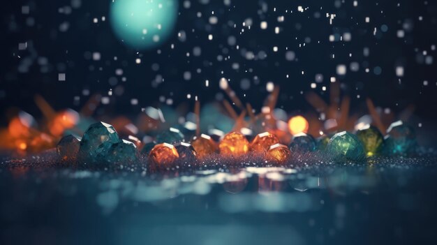 A close up of colorful glass balls with the word rain on the bottom